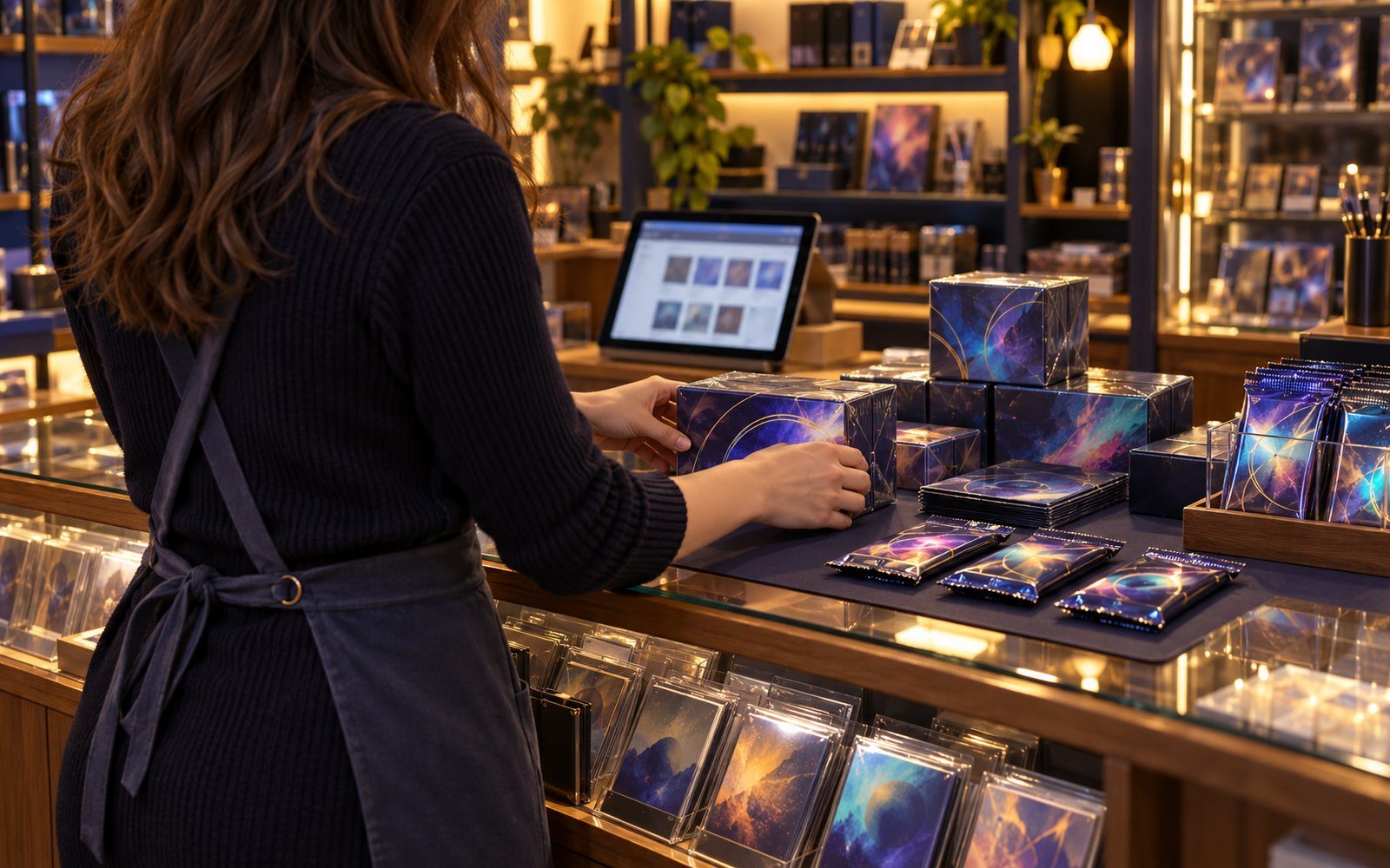 Ladeninhaberin von hinten beim Einräumen versiegelter Kartenprodukte am Tresen; daneben steht ein Tablet