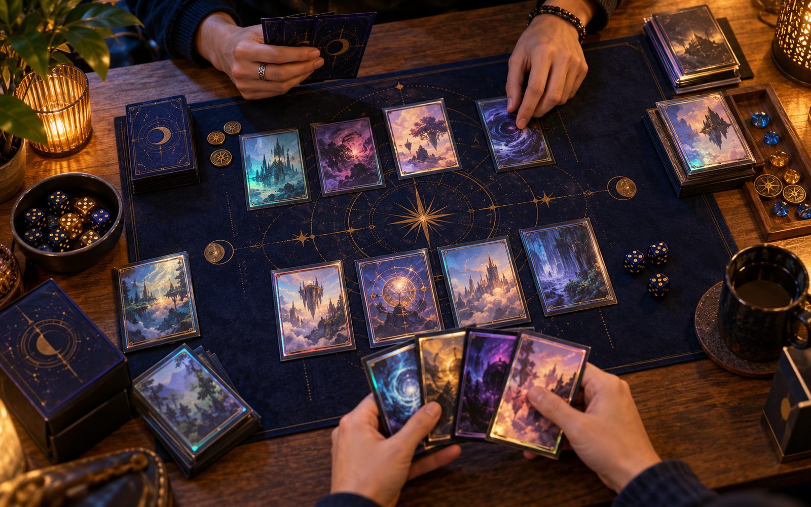 Zwei Personen spielen Sammelkarten an einem Holztisch mit dunkler Spielmatte, Würfeln und warmem Licht