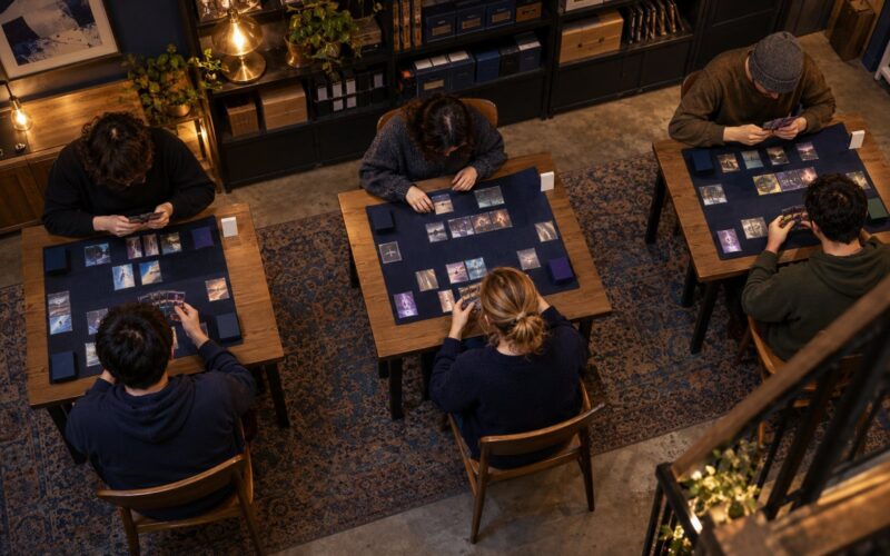 Spielpaare bei einem Sammelkartenturnier, aus erhöhter Perspektive (KI-generierte Szene)